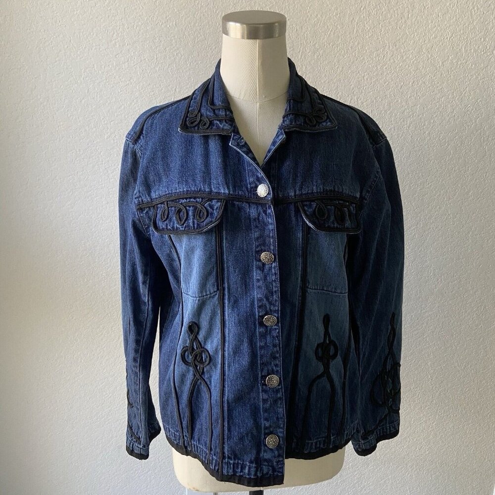 Chico's Denim Blue Jean Trucker Jacket Black Braid Trim Design Size 1. (M/L)